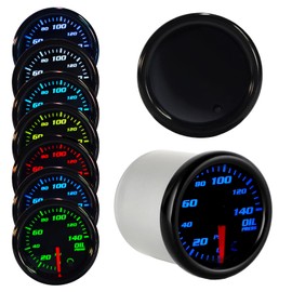 Nrkiscy Tinted 7 Color Oil Pressure Gauge 140 PSI Kit 2"(52mm) Includes 1/8-27 NPT Electronic Sensor Wiring Multi Color Display White Housing Black Dial Smoked Lens for Car Truck