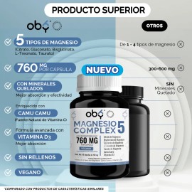 5 Magnesios Citrato Magnesio Polvo, Glicinato Magnesio, Treonato, Taurato, Gluconato   Camu Camu Y Vitamina D3  Magnesio Complex Magnesium Vegano...  