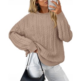 KIRUNDO Oversized Cable Knit Sweater Women 2025 Early Fall Fashion Chunky Cozy Long Sleeve Crewneck Pullover Winter Clothing(Khaki, Medium)
