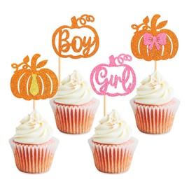 Ercadio Paquete de 24 adornos de calabaza para magdalenas de niño o niña, con purpurina, para magdalenas, color dorado y rosa, para el día de Acción de Gracias, diseño de calabaza, revelación de género, suministros para tartas de fiesta de cumpleaños