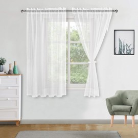 DWCN White Sheer Curtains with Tiebacks Semi Transparent Voile Rod Pocket Curtains Elegant Window Curtains for Bedroom and Living Room,2 Panels,52" W x 45" Drop