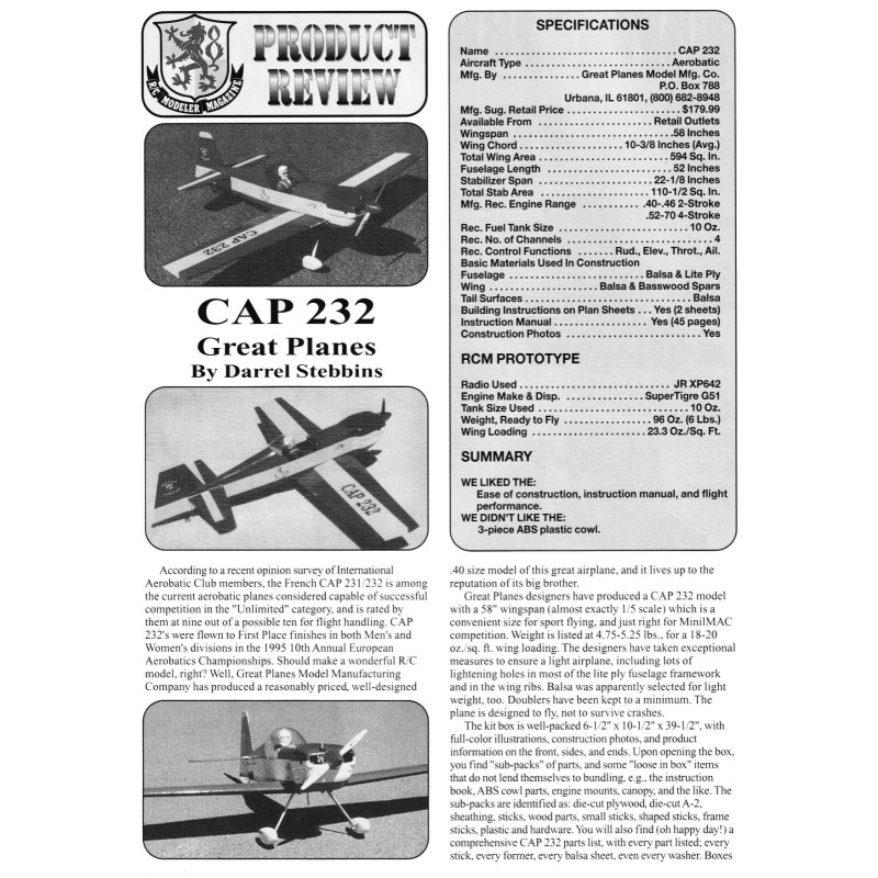 Great Planes Model Airplane Plans (RC): CAP 232 58" Wingspan