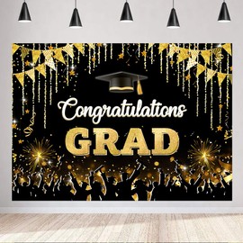 LYCGS 8x6ft Black Congratulations Grad Backdrop Graduation Party Decor Banner X-367