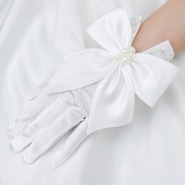 IYOU Satin Bow Wedding Gloves Short White Pearl Glove Costume Table Party Bridal Gloves for Women (White 1), white 1