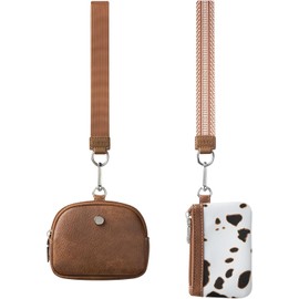 Vulkitty - Llavero de pulsera para mujer, con cierre alrededor de doble bolsa, portafolios pequeña y portátil, tarjetero con cierre, 2 correas de muñeca, Estampado de vaca, café