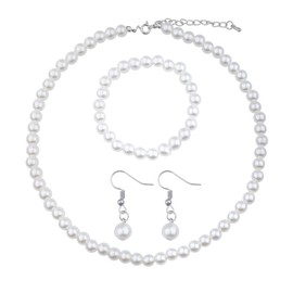 Pearl Necklace Bracelet Earring Set of 3 White Faux Pearl Necklace And Earrings Set for Women Bride Wedding Bridal Pearl Necklaces Bracelet Earrings Pearl Accessories Set for Women