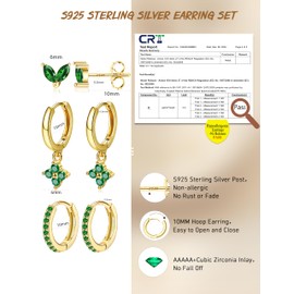 FIBO STEEL 14K Gold Plated Earrings for Women - 925 Sterling Silver Hypoallergenic Earrings Set for Multiple Piercing - Cartilage Dainty Small Huggie Hoop Stud Earring Stacks for Sensitive Ears Green Set Gold
