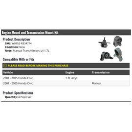 Engine Mount and Manual Transmission Mount Kit - 4 Piece - Compatible with 2001-2005 Honda Civic 1.7L 4-Cylinder