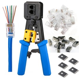 RJ45 Crimp Tool with Cat6 Pass through Shielded/transparent Connectors 20PCS and 5Pack 8Pin blades for Pass Through Cat5 Cat5e Cat6 RJ45/RJ12 Regular and End Pass Through connectors