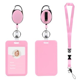 Pink ID Badge Holder and Retractable Reel Clip,Landyard Keychain with id Badge,Cute Photocard Key Card Holder Nametag Protector for Nurse Women Kid Office School(Vertical)