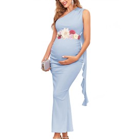 AISWI One Shouler Maternity Mermaid Dress with Flowing Ruffle Tassel Bodycon Pregnancy Dresses Baby Shower, Without Belt, Light Blue, Large