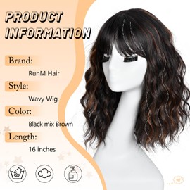 RUNM Short Bob Wavy Wigs for Women Black Mix Brown Wig with Bangs for Daily
