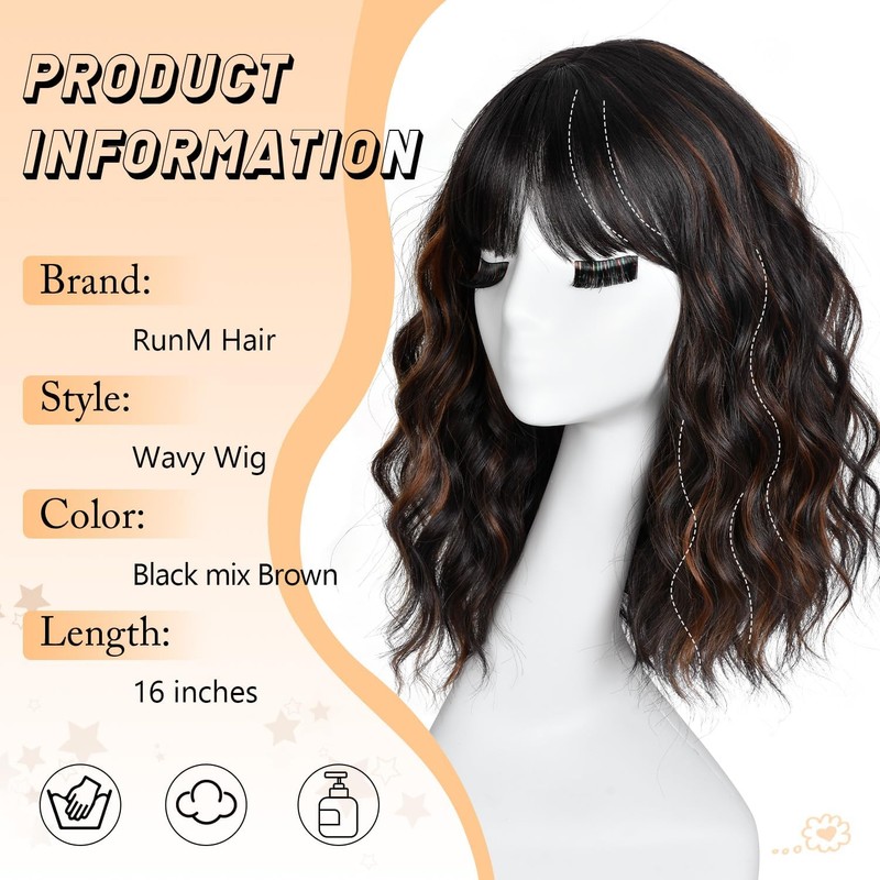 RUNM Short Bob Wavy Wigs for Women Black Mix Brown