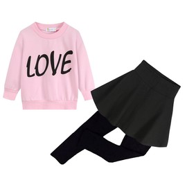 DDSOL Toddler Little Girl Clothes Set Valentine Day Outfit Pink Love Heart Long Sleeve Sweatshirt Top and Pant with Legging Skirt Kid Fall Clothing 2PCS Size 7/8