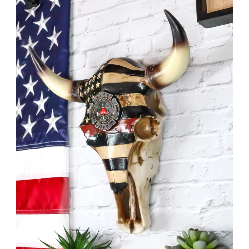Western Bison Bull Cow Skull With USA Flag Maltese Fire