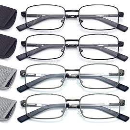 HIGHLIKE 4-Pack Reading Glasses Men, Metal Stainless Flex Readers with Soft Cases, Clear Lens Blue Light Glasses, 2 Black 2 Gunmetal 4.0 x