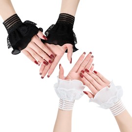 fourfivesix Haru 001# Women's Lace Lolita Charm Arm Ornament, Set of 4, Black and White 2 Pairs, Super Cute, Sleeve Fastening, Fake Cuffs, Arm Decoration, Flare Cuffs, Women's, Pretty, Replaceable Sleeves, Layered, Cute, Stylish