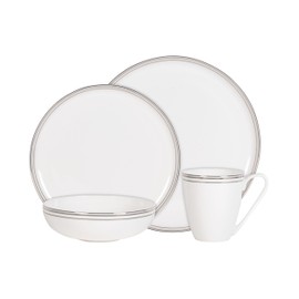 Everyday White by Fitz and Floyd Nevaeh Bone China Coupe Platinum Bands Dinnerware Set, Service for 4
