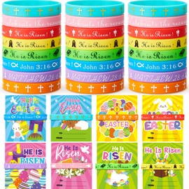 Equsion 48 Sets He Is Risen Bracelets with Easter Greeting Cards Christian Cross Silicone Wristbands Bulk Decorations Easter Religious Rubber Bracelet Gifts for Party Egg Fillers Favors