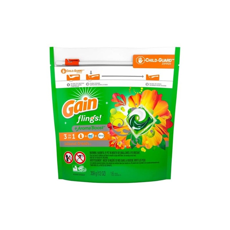 GAIN Flings! Liquid Laundry Detergent Pacs, Island Fresh, 16Count