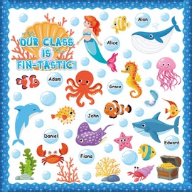 gisgfim Under The Sea Bulletin Board Decoration Set Classroom Sea Animals Cutouts Borders for School Decor Ocean Theme Summer Welcome Bulletin Board Craft Door Home Wall(Our Class is Fin-Tastic)