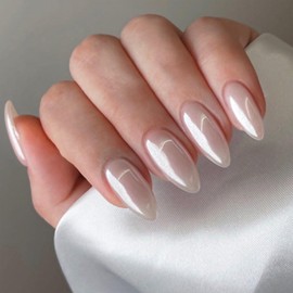 FJSMTOPl White Press on Nails - Medium Almond Fake Nails - with Designs Pearl White False Nails Press ons - Glue on Nails Chrome - Cute Acrylic Nail Artificial Stick on Nail for Women 24Pcs