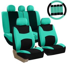 FH Group Light & Breezy Flat Cloth Car Seat Covers Combo Set with Steering Wheel Cover and Seatbelt Pads- Fit Most Car, Truck, SUV, or Van (Mint / Black) FB030115