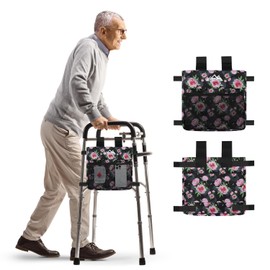 supregear Walker Side Bag, Water Resistant Accessory Basket Pouch for Folding Walkers, Lightweight Hand Free Storage Carrier Tote, Universal Size Seniors Caddy Attachment, Black Floral