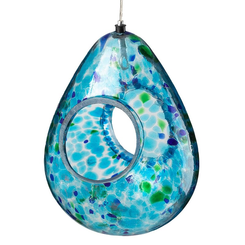 Glitzhome Glass Bird Feeder for Outdoors, 6.75" H Blue Dots