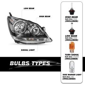 SOCKIR Headlight Assembly Replacement Pair w/Bulbs for 2005-2010 Honda Odyssey [Factory Halogen Type] Headlamp (Chrome Housing with Clear Reflector)