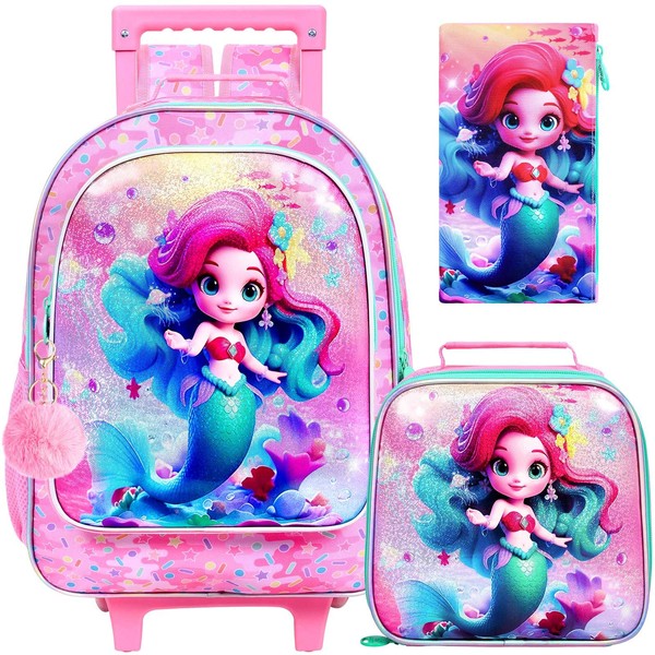 CCJPX 4PCS Rolling Backpack for Girls,Mermaid Backpacks with Roller Wheels,