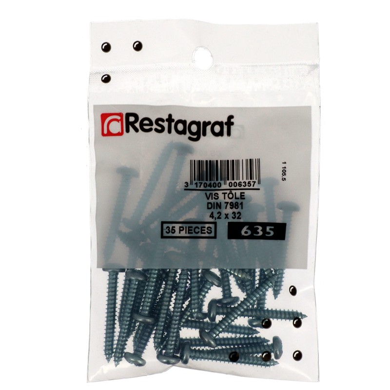 Restagraf 635 Sheet Metal Screws, Zinc White, 4.2 mm x