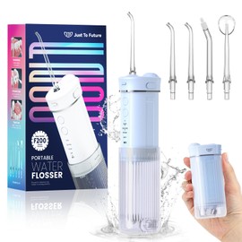 JTF Mini Oral Irrigator, Portable Electric Teeth Cleaning, Wireless, Travel Interdental Cleaner with 5 Replacement Nozzles, 4 Modes Water Flosser, 230 ml Retractable Water Tank, IPX7 Waterproof (Blue)