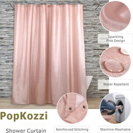 Popkozzi Blush Pink Shower Curtain: 84 Inch Glitter Sparkle Bling Shiny Extra Long Fabric Shower Curtains for Bathroom - Luxury Elegant Fancy Glam Metallic Shimmer Satin Bath Curtain - 72x84