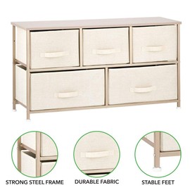 mDesign Large Steel Frame/Wood Top Wide Storage Dresser Furniture Unit, Organizer for Bedroom, Living Room, Entryway, Office - 5 Removable Fabric Drawers - Lido Collection, Cream/Gold