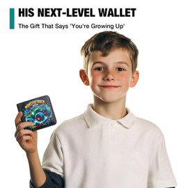 Amutta Kids Wallet for Boys, Cool Teen Boys Wallet for Kids Ages 4-5-6-7-8-9-10-11-12-13-14-15-16, Leather Wallet for Teen Boy, Monster Truck Wallets - Teenage Teenager Youth Gifts Christmas Birthday