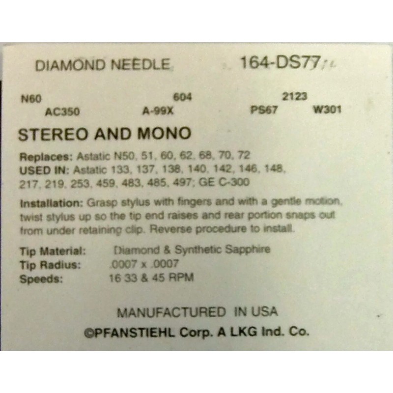 Pfanstiehl Astatic N51-7D needle (fits Wurlitzer 3600, 3700, 3800, 7500