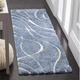 Safavieh Florida Shag Collection SG471 Abstract Wave 1.2-inch Thick Runner, 2'3" x 7' , Light Blue / Cream