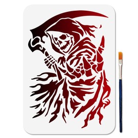 MAYJOYDIY Grim Reaper Stencil Scythe of Death Stencils for Painting 11.7×8.3inch Reusable Skull Cloak Stencil Crafts Drawing Templates with Paint Brush for DIY Craft on Wood Wall Home Decor