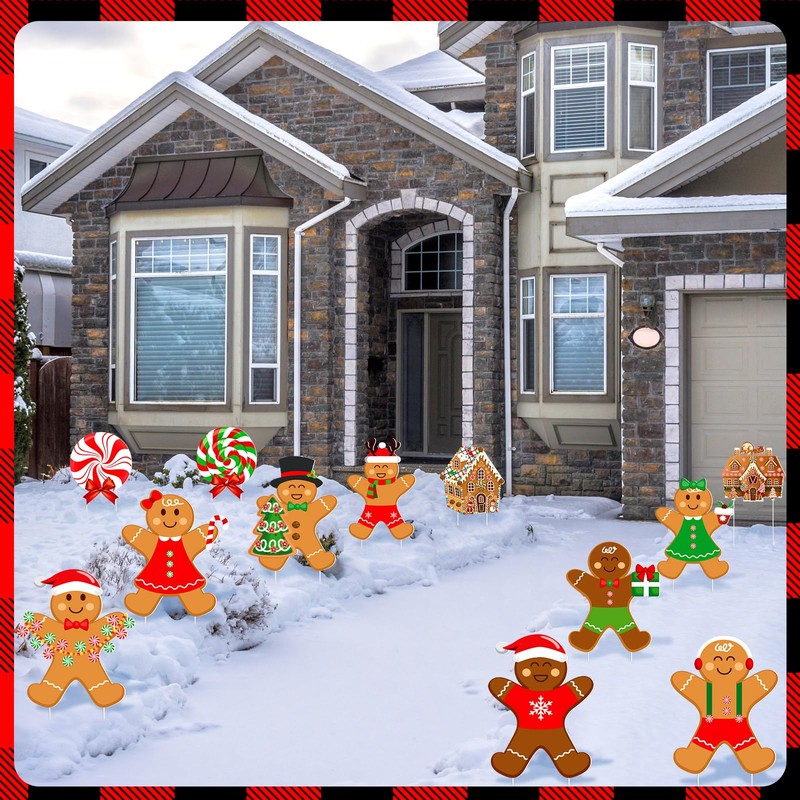 12 Pcs Christmas Yard Sign Gingerbread Man and Candy Lawn