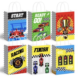 BATYONGOGA 24PCS Race Car Goodie Bags with Handles – 6 Unique Styles, Kraft Paper Treat Bags for Kids' Birthday Party, Baby Shower, Racing Two Fast Theme Party Favors, Gift Boxes, Decorations, Supplies