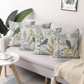 ASDCXZ Spring Pillow Cover 40x40 cm 4er Set, Retro Flower Leaves Bird Grey Sofa Cushion Covers, Washable Polyester Flax Textile Outdoor