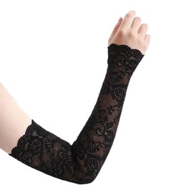 Women's Long Lace Gloves,1Pair Floral Flower Lace Arm Sleeves,Hollow UV Protection Gloves Fingerless Driving Gloves for Party (Black)