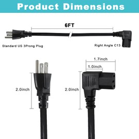 6FT 90 Degree Computer Monitor Power Cord - NEMA 5-15P to Right Angle C13 Power Cord, 13A 125V, 16AWG, Black Replacement Angled Printer/TV 3 Prong AC Cord, PC Power Supply Cable