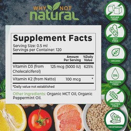 Organic Vitamin D3 Liquid Drops with K2 (MK-7) Sublingual Liquid (5000 IU) in Coconut M.C.T. Oil Adult Child Gluten Free GMO Free Dairy Free Edible Fitness Supplement Healthcare
