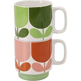Orla Kiely Set of 2 Stacking Mugs Ceramic Block Flower - Tomato/Fern Gift Boxed