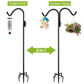 Tuohours 76 Inch Double Shepherd Hook Stand for Outdoor Birdfeeder, Adjustable Two Sided Garden Bird Feeder Pole Holder for Birdhouse Planter Solar Light Lantern, Black, 1 Pack