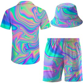 Wdpsuxin Men'S 2 Piece Tracksuit Hawaiian Shirt Shorts Button Down Shirt And Shorts Sets With Bucket Hats, Psychedelic Trippy, XX-Large