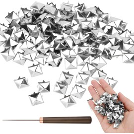 100Pcs Square Pyramid Studs for Clothing - 10mm Silver Metal Punk Spikes with Wooden Handle Awl, Four-Jaw Square Studs Kit for Punk Rock Clothing, Leather Craft, Pet Collars, Bags & Belts DIY (Silver)