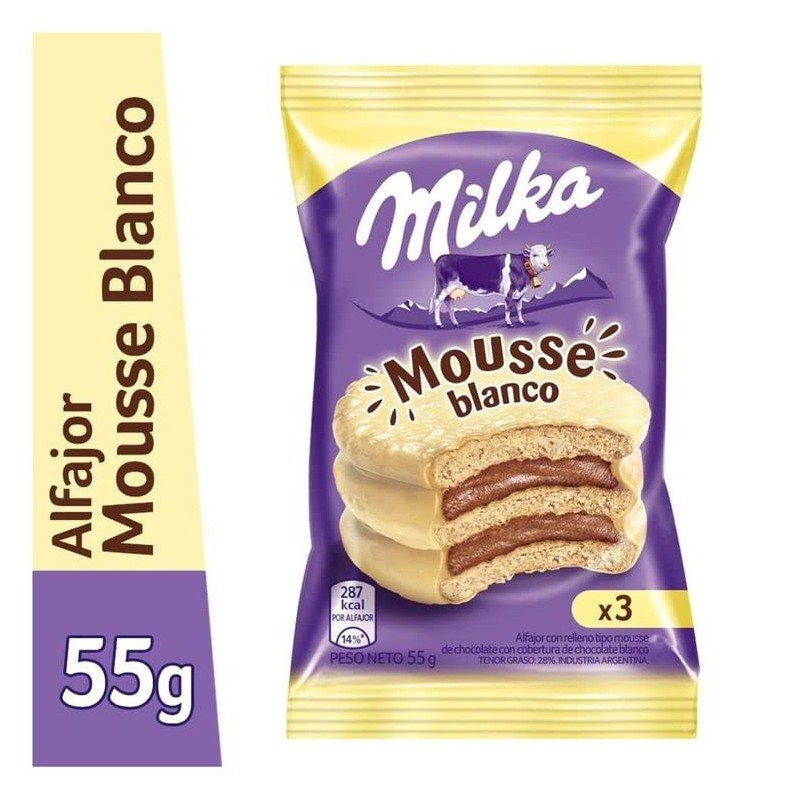 Alfajor filled with mousse covered with white chocolate triple 55g